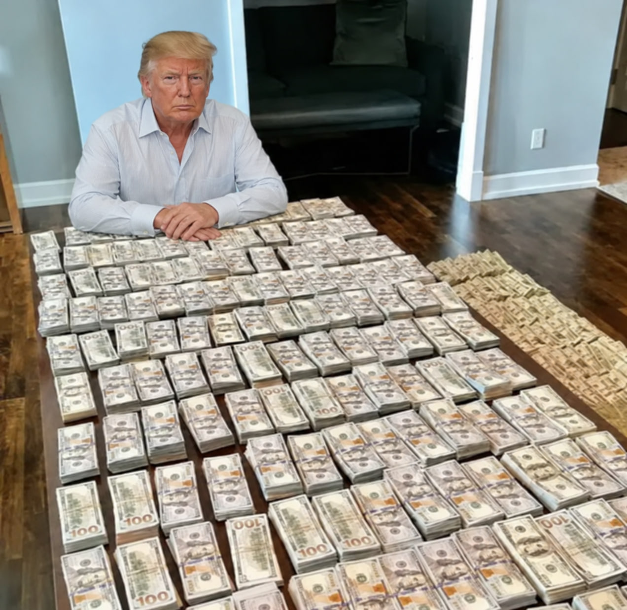 TRUMPCHI meme: Trump seated at a table covered in stacks of cash